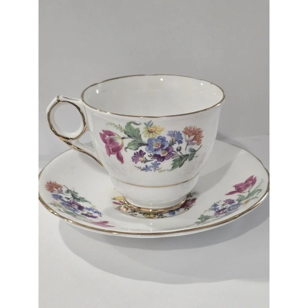Royal Stafford Bone China Rainbow Floral Painted Cup & Saucer Set Multicolored